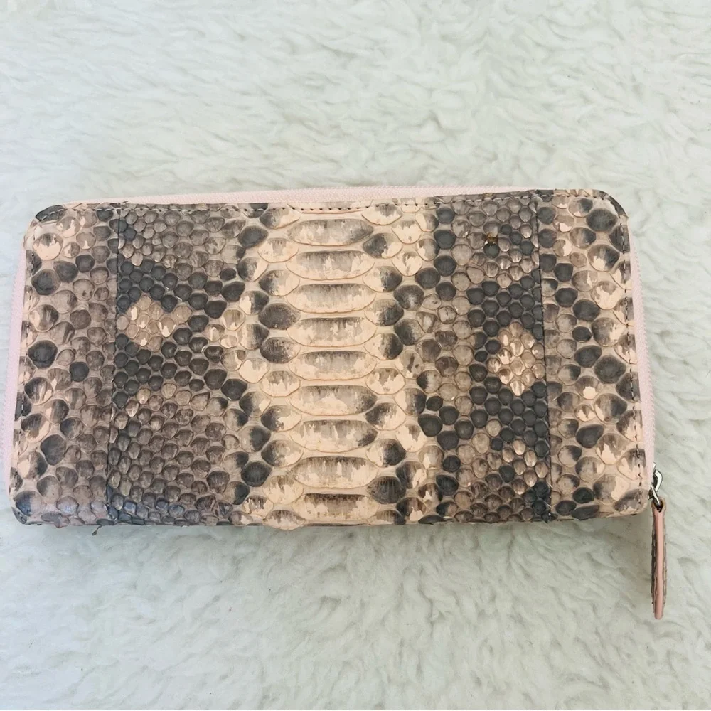Genuine Python Snake Skin Leather Pink/ Black/Gray Zip Around Long Wallet